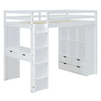 Lit mezzanine avec grandes étagères, bureau et éclairage LED