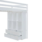 Lit mezzanine avec grandes étagères, bureau et éclairage LED