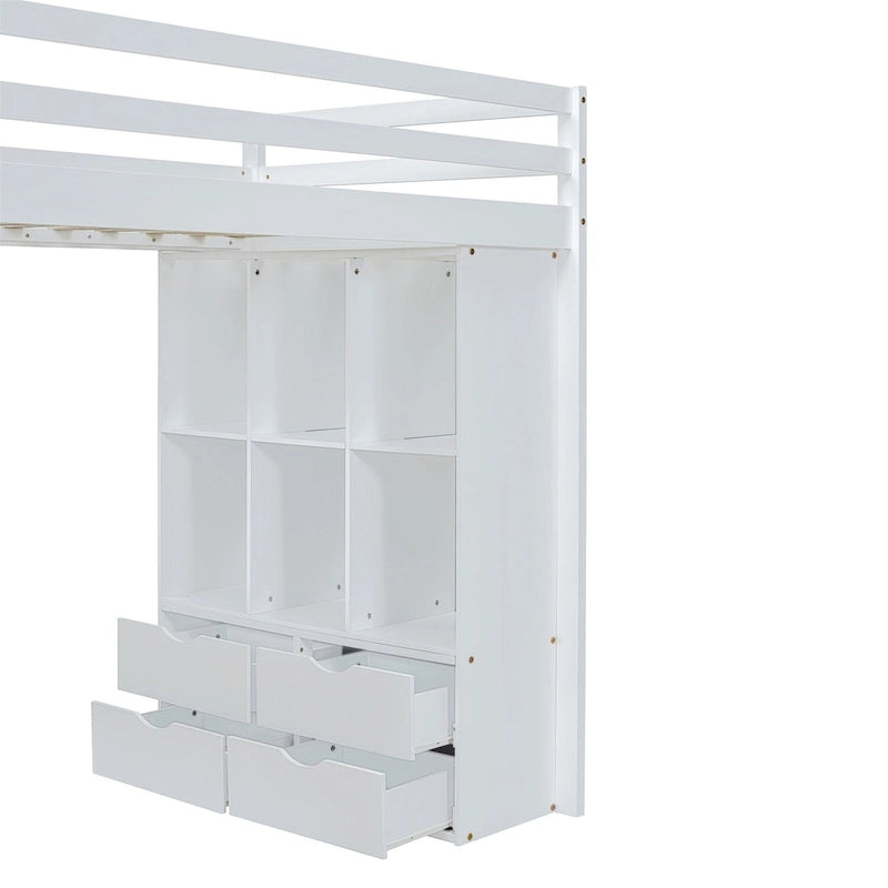 Lit mezzanine avec grandes étagères, bureau et éclairage LED