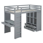 Lit mezzanine avec grandes étagères, bureau et éclairage LED