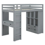 Lit mezzanine avec grandes étagères, bureau et éclairage LED