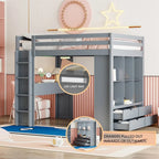 Lit mezzanine avec grandes étagères, bureau et éclairage LED